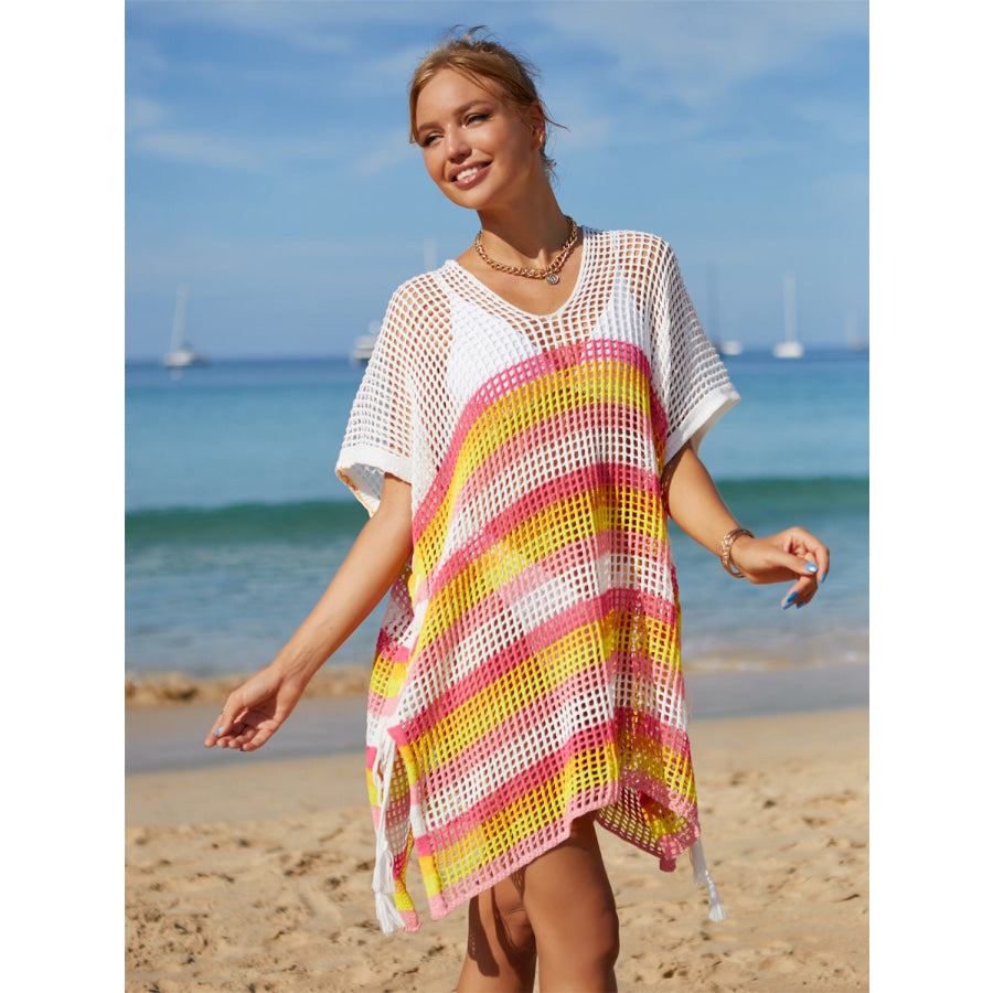 Angel Wings Cutout Striped Cover-Up with Tassel Pink / One Size Apparel and Accessories