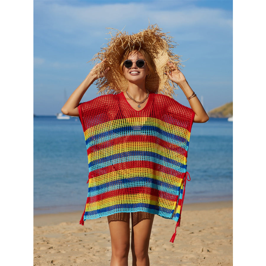 Angel Wings Cutout Striped Cover-Up with Tassel Red / One Size Apparel and Accessories