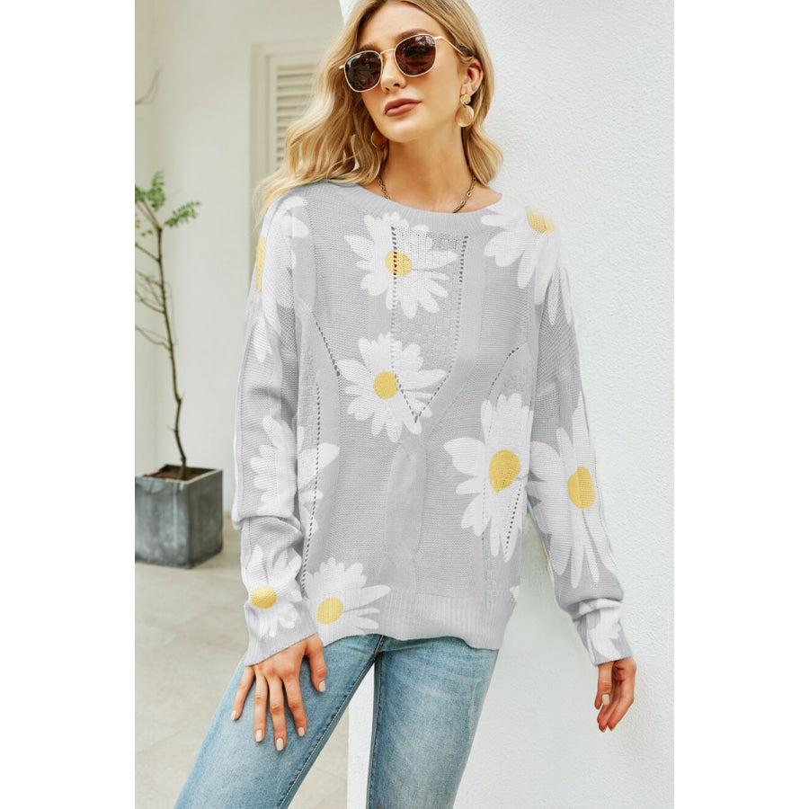 Angel Wings Daisy Print Openwork Round Neck Sweater Apparel and Accessories