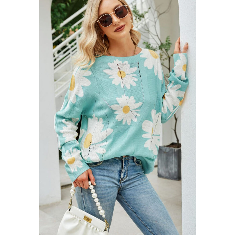 Angel Wings Daisy Print Openwork Round Neck Sweater Apparel and Accessories