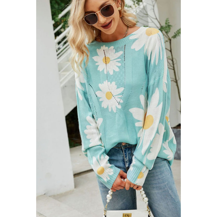 Angel Wings Daisy Print Openwork Round Neck Sweater Apparel and Accessories