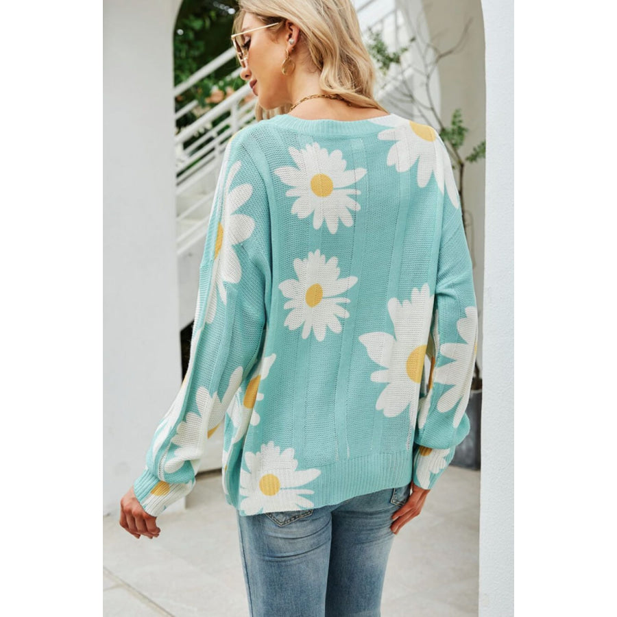 Angel Wings Daisy Print Openwork Round Neck Sweater Apparel and Accessories