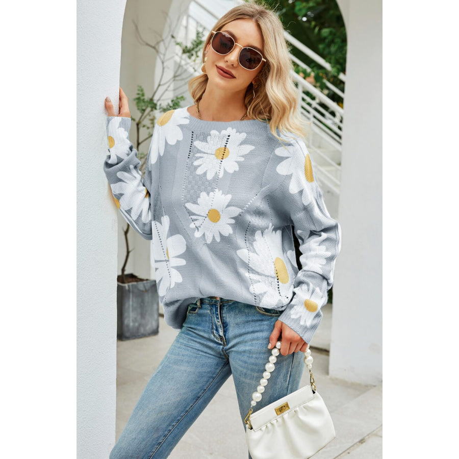 Angel Wings Daisy Print Openwork Round Neck Sweater Apparel and Accessories