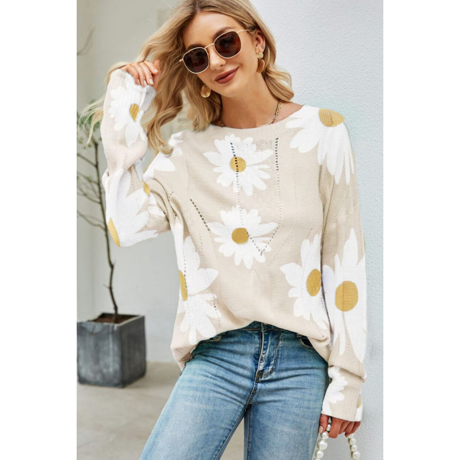 Angel Wings Daisy Print Openwork Round Neck Sweater Apparel and Accessories