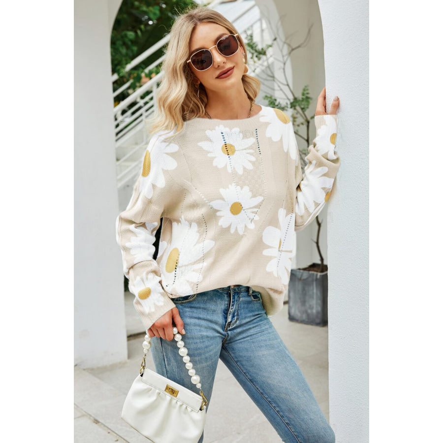 Angel Wings Daisy Print Openwork Round Neck Sweater Apparel and Accessories