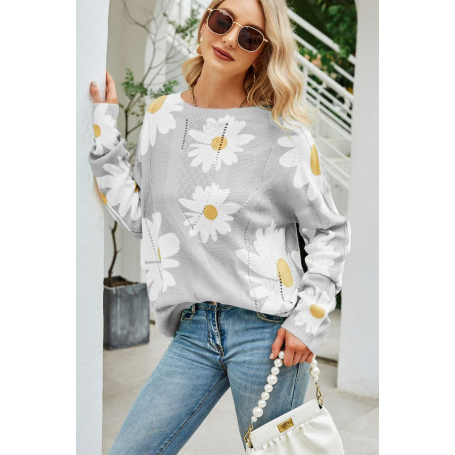 Angel Wings Daisy Print Openwork Round Neck Sweater Apparel and Accessories