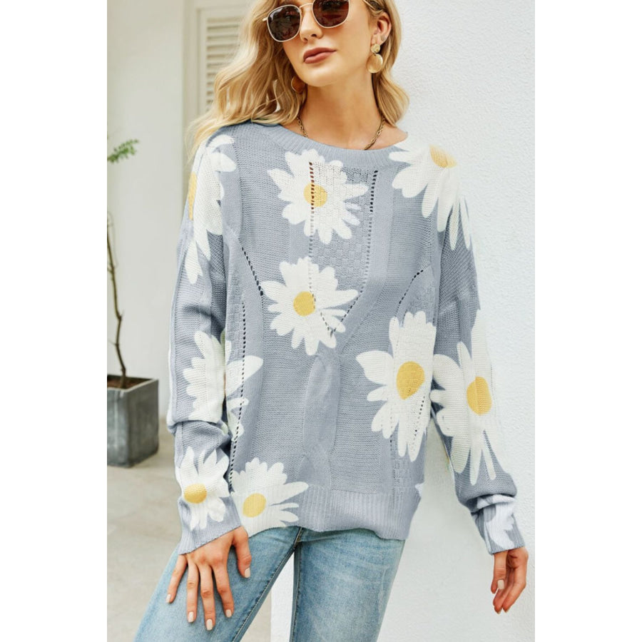 Angel Wings Daisy Print Openwork Round Neck Sweater Apparel and Accessories