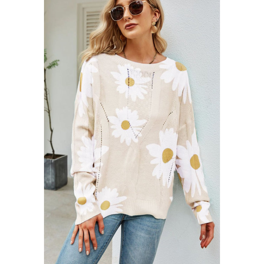 Angel Wings Daisy Print Openwork Round Neck Sweater Beige / S Apparel and Accessories