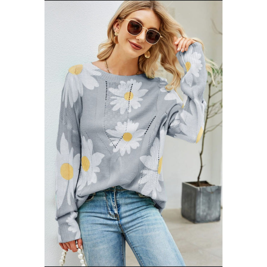 Angel Wings Daisy Print Openwork Round Neck Sweater Dark Gray / S Apparel and Accessories