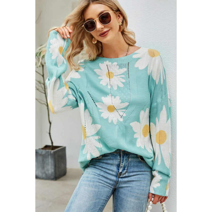 Angel Wings Daisy Print Openwork Round Neck Sweater Green / S Apparel and Accessories