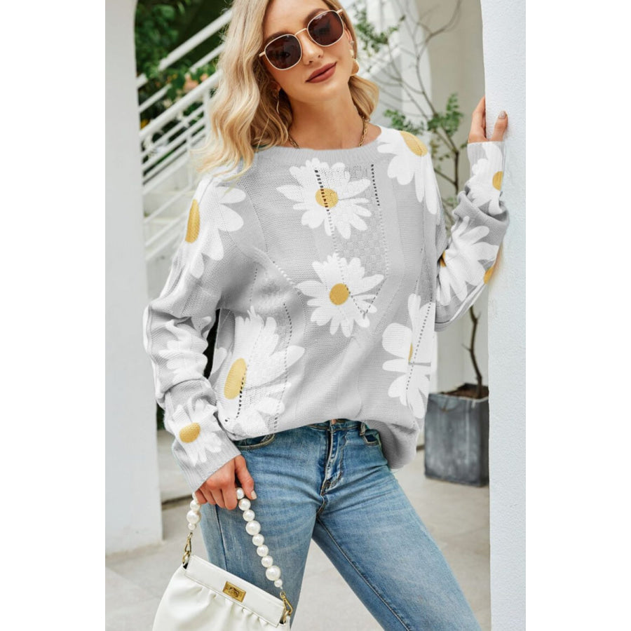 Angel Wings Daisy Print Openwork Round Neck Sweater Light Gray / S Apparel and Accessories