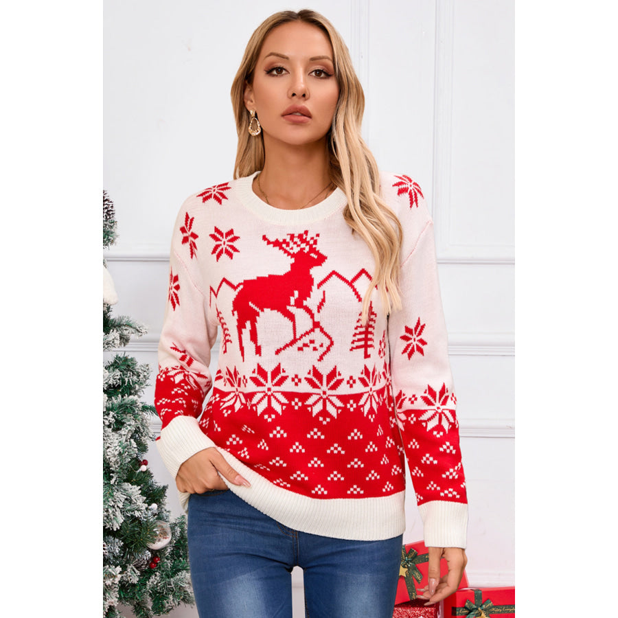 Angel Wings Deer Pattern Round Neck Long Sleeve Sweater Apparel and Accessories