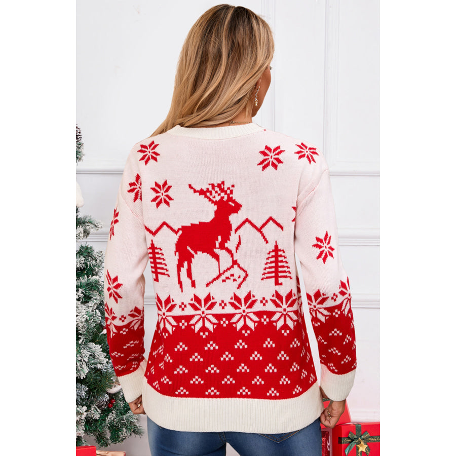 Angel Wings Deer Pattern Round Neck Long Sleeve Sweater Apparel and Accessories