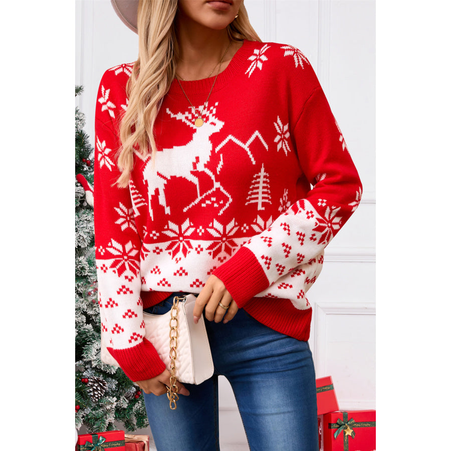 Angel Wings Deer Pattern Round Neck Long Sleeve Sweater Apparel and Accessories