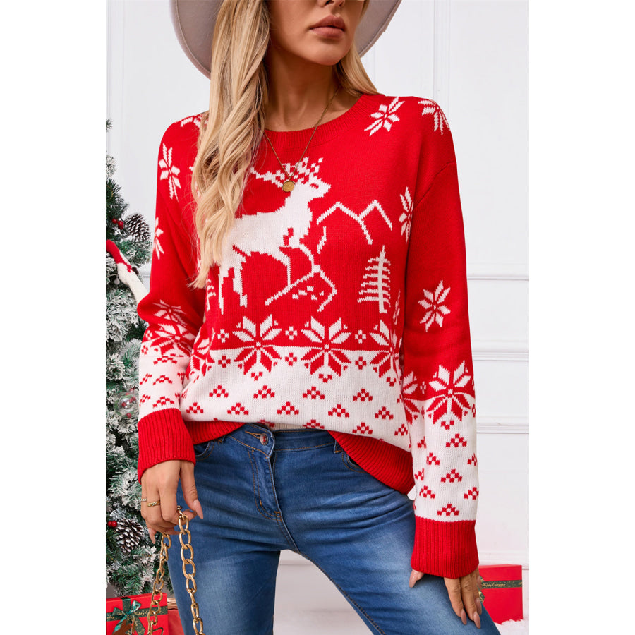 Angel Wings Deer Pattern Round Neck Long Sleeve Sweater Apparel and Accessories