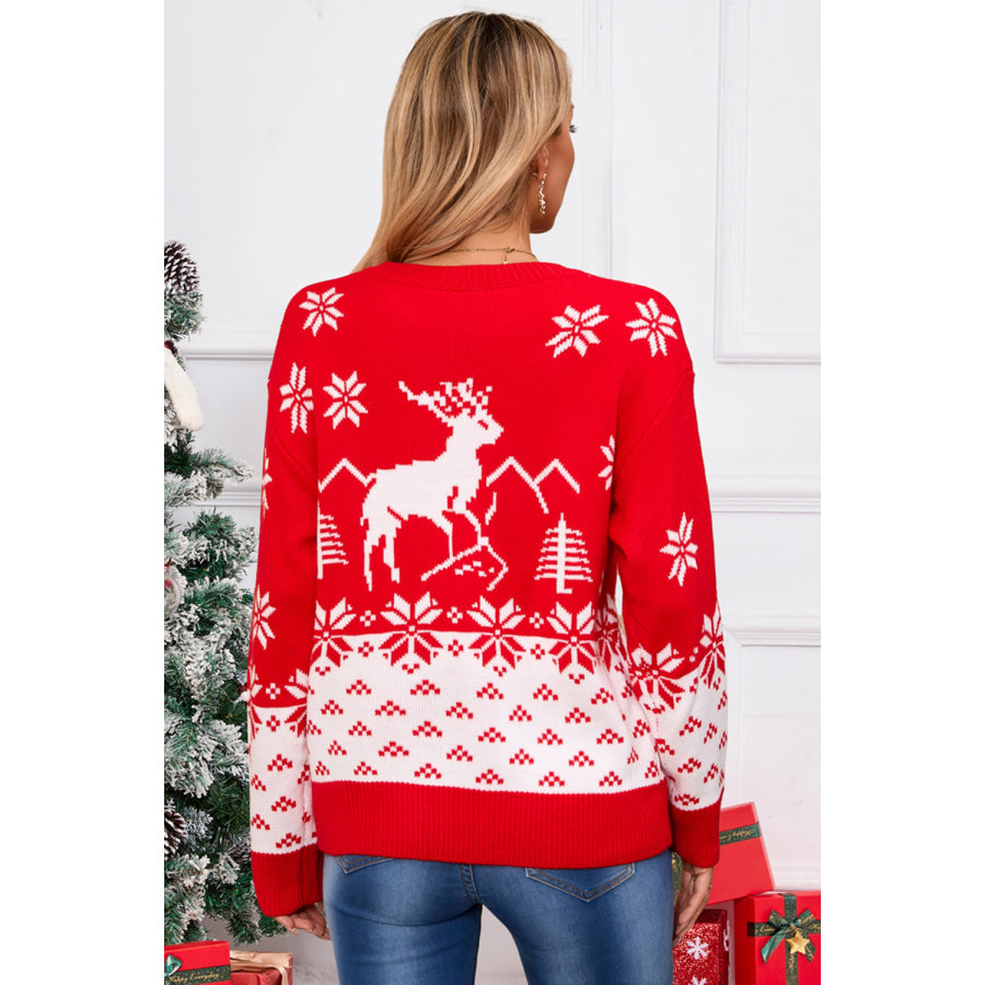 Angel Wings Deer Pattern Round Neck Long Sleeve Sweater Apparel and Accessories