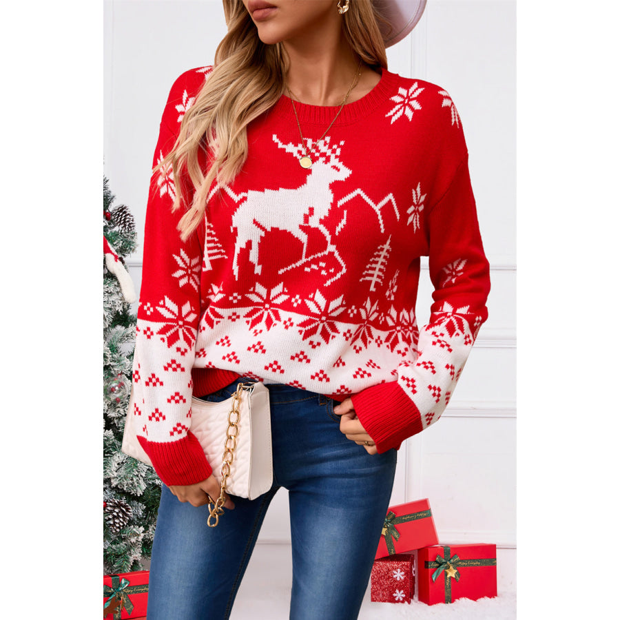 Angel Wings Deer Pattern Round Neck Long Sleeve Sweater Red / S Apparel and Accessories