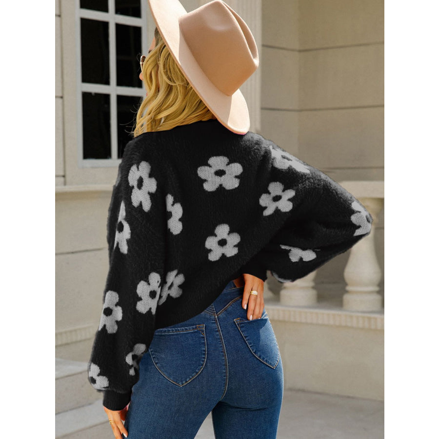 Angel Wings Flower Open Front Long Sleeve Cardigan Black / S Apparel and Accessories