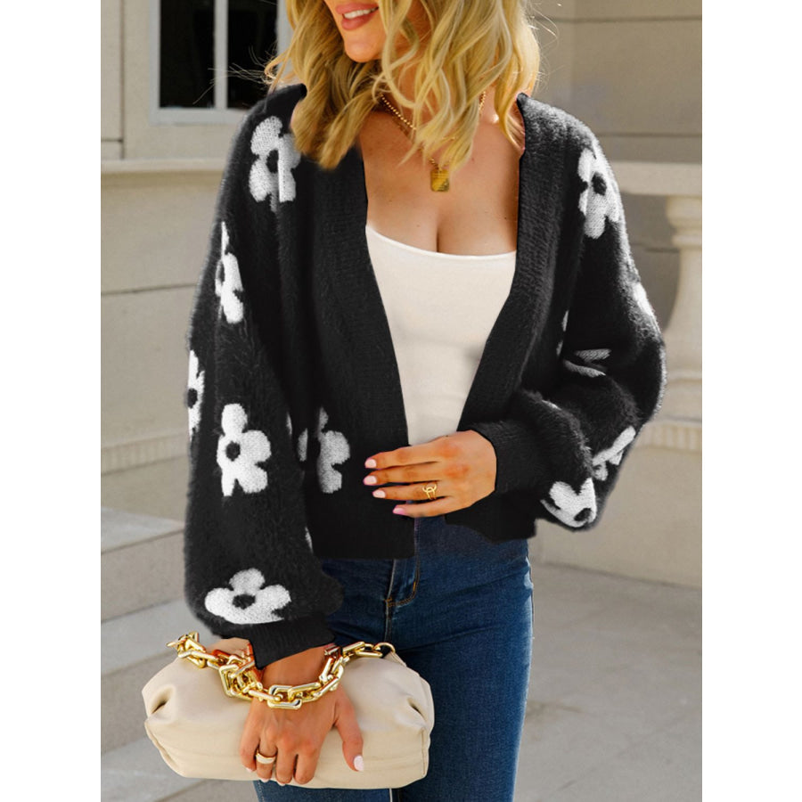 Angel Wings Flower Open Front Long Sleeve Cardigan Black / S Apparel and Accessories