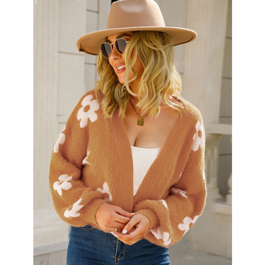 Angel Wings Flower Open Front Long Sleeve Cardigan Caramel / S Apparel and Accessories