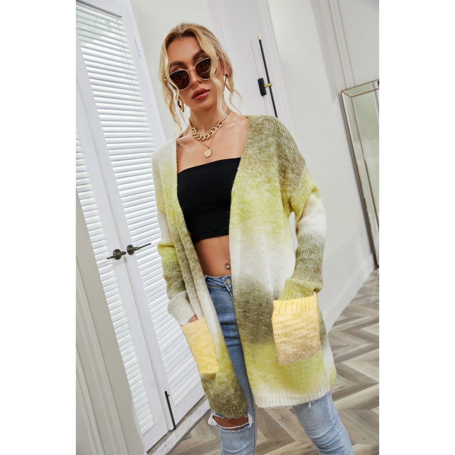 Angel Wings Full Size Pocketed Open Front Gradient Cardigan Yellow-Green / S Apparel and Accessories