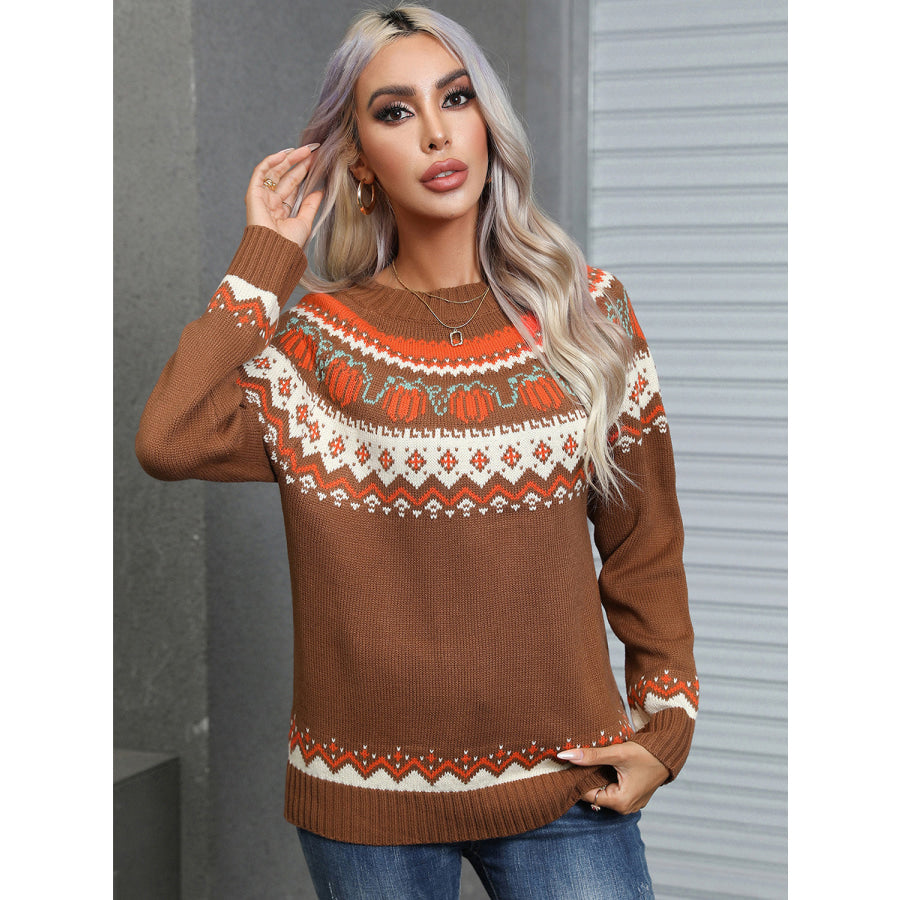 Angel Wings Geometric Round Neck Long Sleeve Sweater Apparel and Accessories