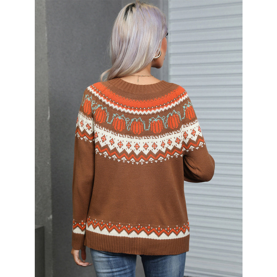 Angel Wings Geometric Round Neck Long Sleeve Sweater Apparel and Accessories