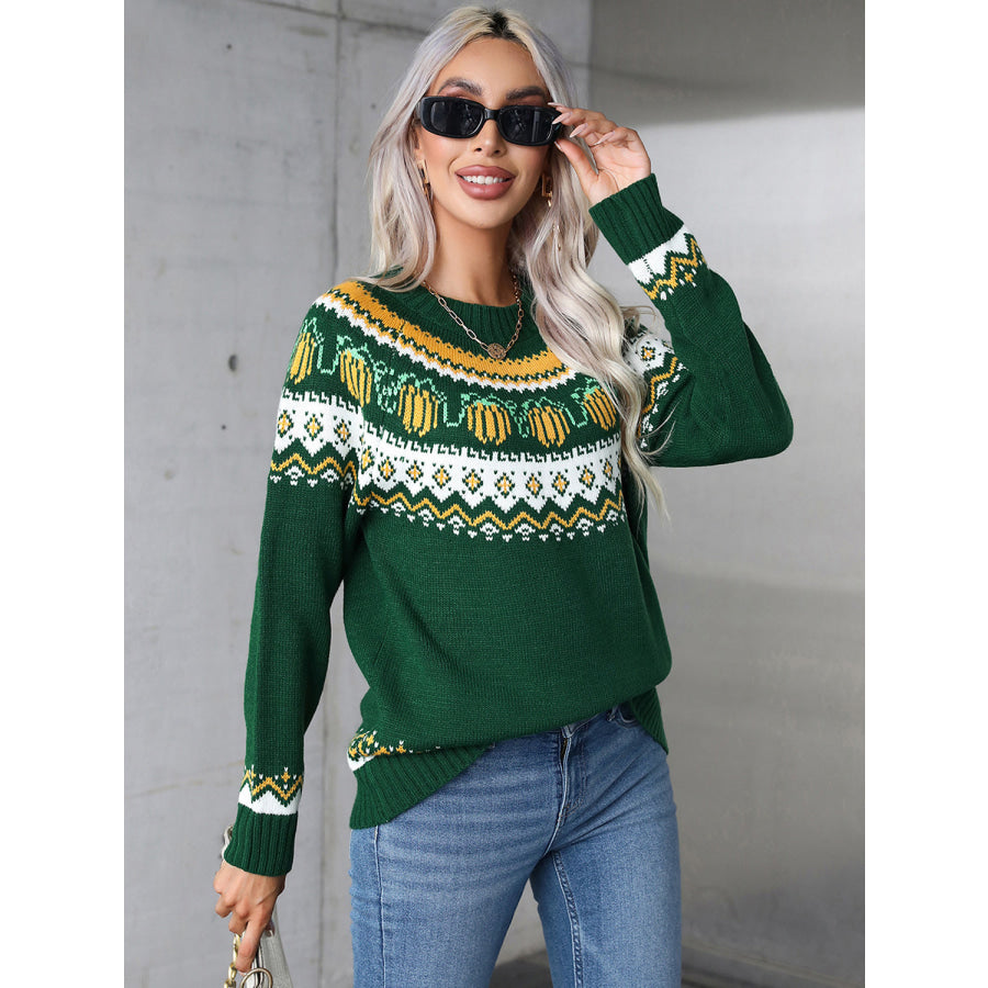 Angel Wings Geometric Round Neck Long Sleeve Sweater Apparel and Accessories