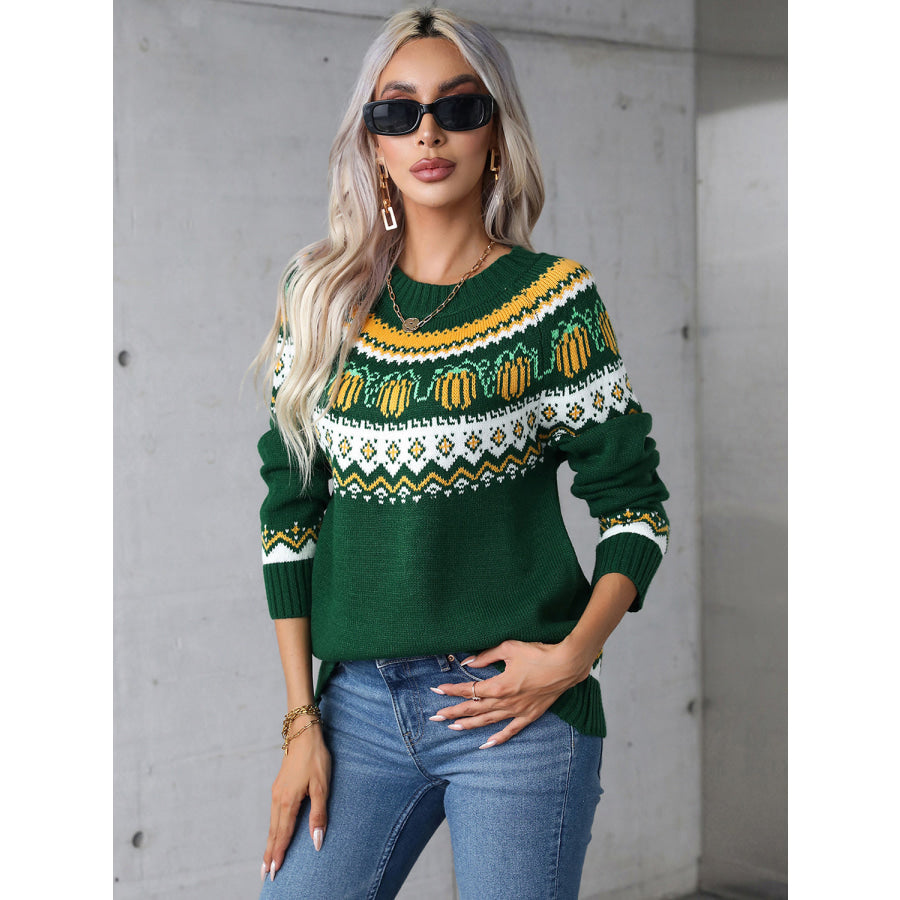 Angel Wings Geometric Round Neck Long Sleeve Sweater Apparel and Accessories