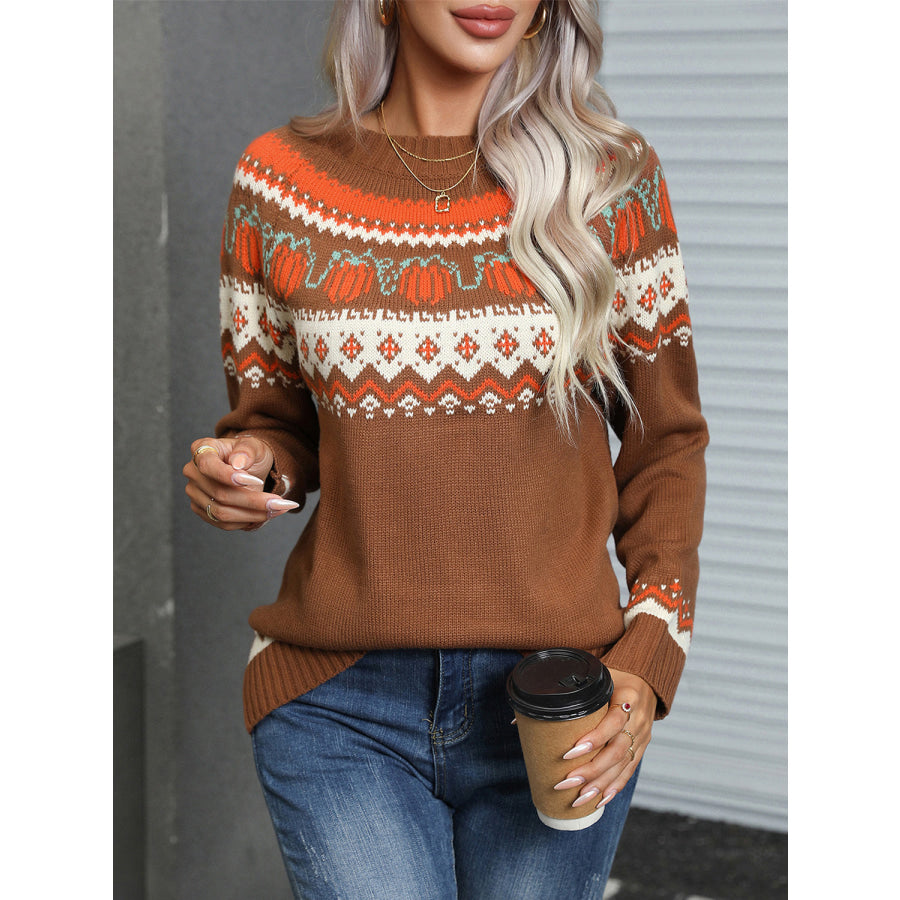 Angel Wings Geometric Round Neck Long Sleeve Sweater Apparel and Accessories