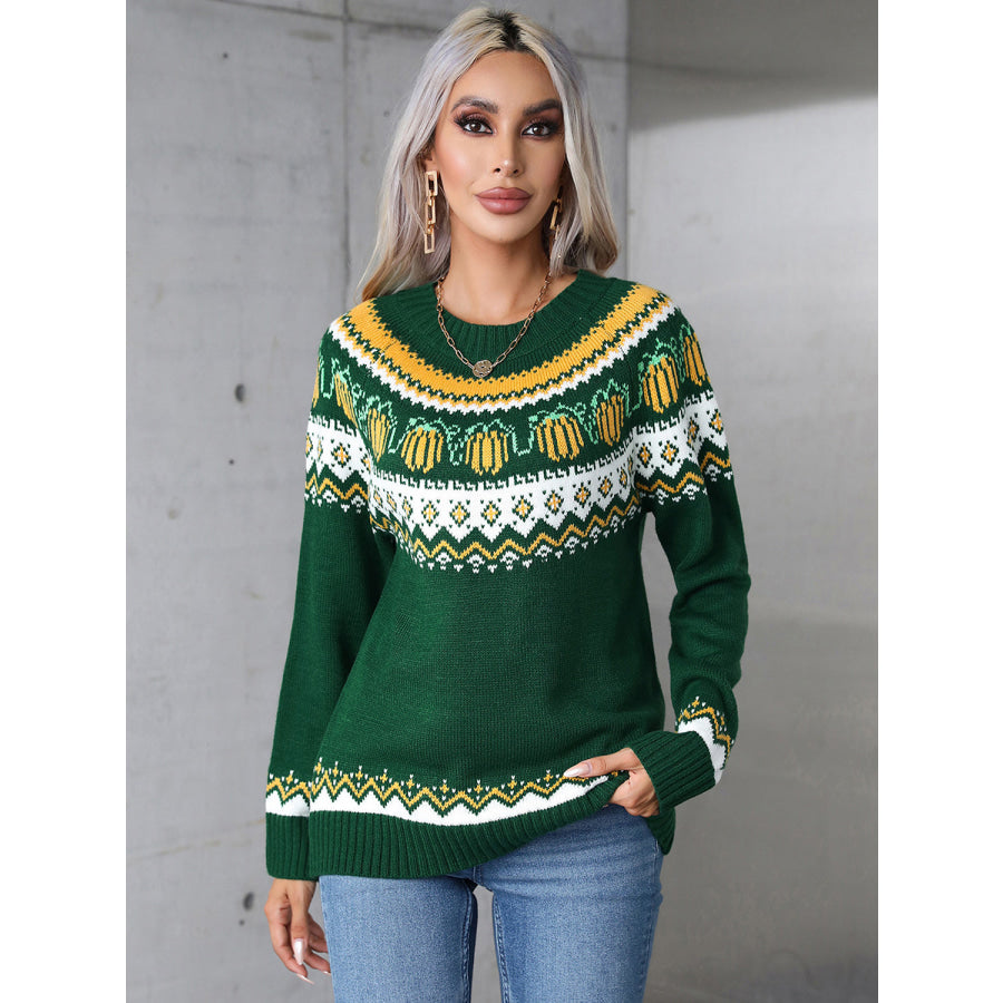 Angel Wings Geometric Round Neck Long Sleeve Sweater Apparel and Accessories