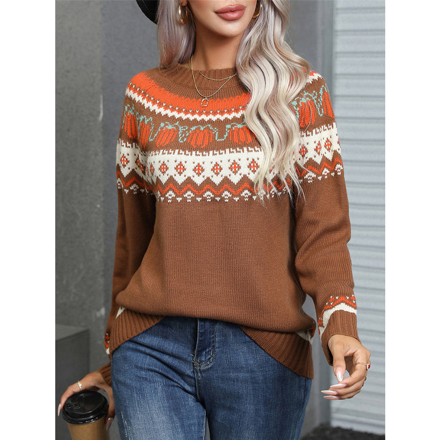 Angel Wings Geometric Round Neck Long Sleeve Sweater Caramel / S Apparel and Accessories