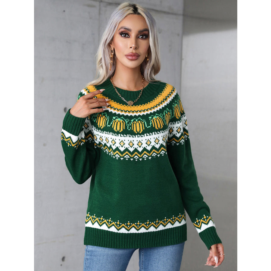 Angel Wings Geometric Round Neck Long Sleeve Sweater Dark Green / S Apparel and Accessories