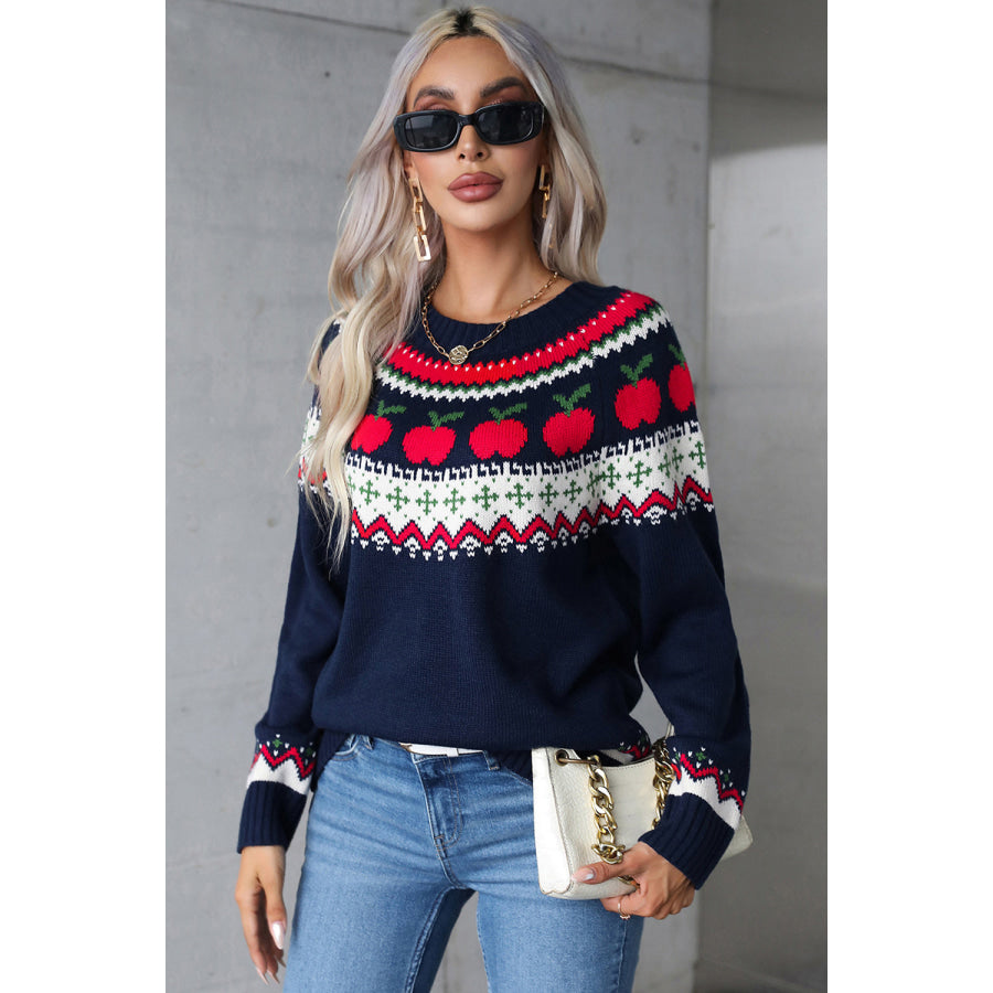 Angel Wings Graphic Round Neck Long Sleeve Sweater Dark Blue / S Apparel and Accessories