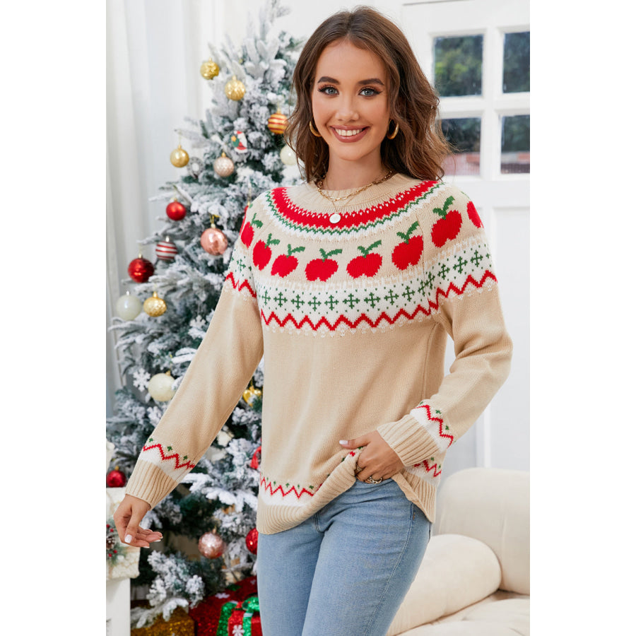 Angel Wings Graphic Round Neck Long Sleeve Sweater Tan / S Apparel and Accessories