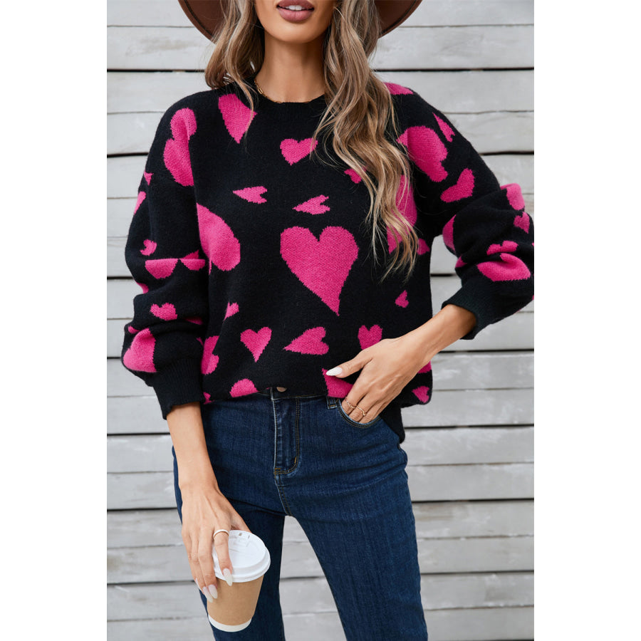 Angel Wings Heart Contrast Round Neck Long Sleeve Sweater Apparel and Accessories