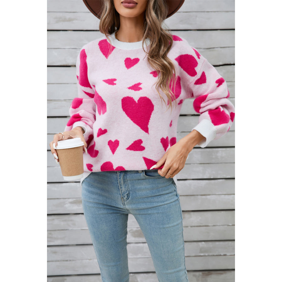 Angel Wings Heart Contrast Round Neck Long Sleeve Sweater Apparel and Accessories