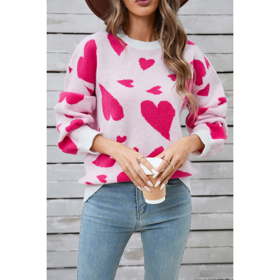 Angel Wings Heart Contrast Round Neck Long Sleeve Sweater Apparel and Accessories