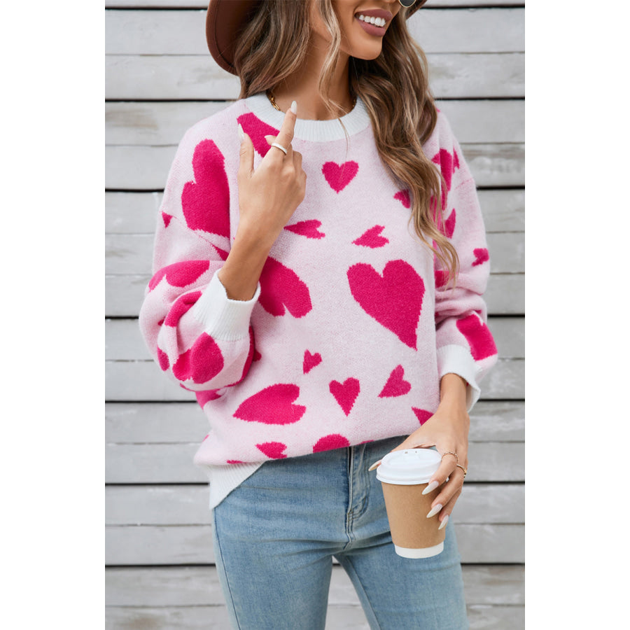 Angel Wings Heart Contrast Round Neck Long Sleeve Sweater Apparel and Accessories