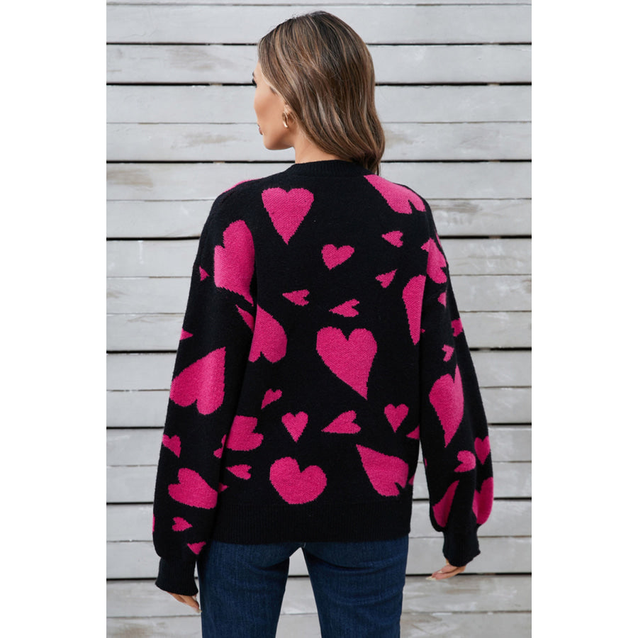 Angel Wings Heart Contrast Round Neck Long Sleeve Sweater Apparel and Accessories