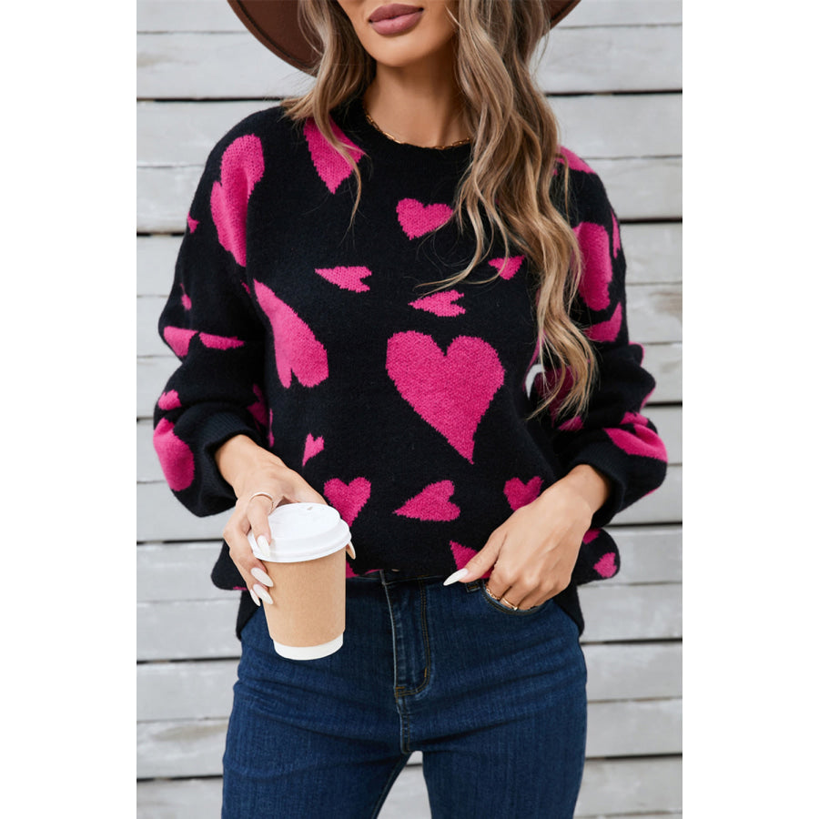 Angel Wings Heart Contrast Round Neck Long Sleeve Sweater Apparel and Accessories