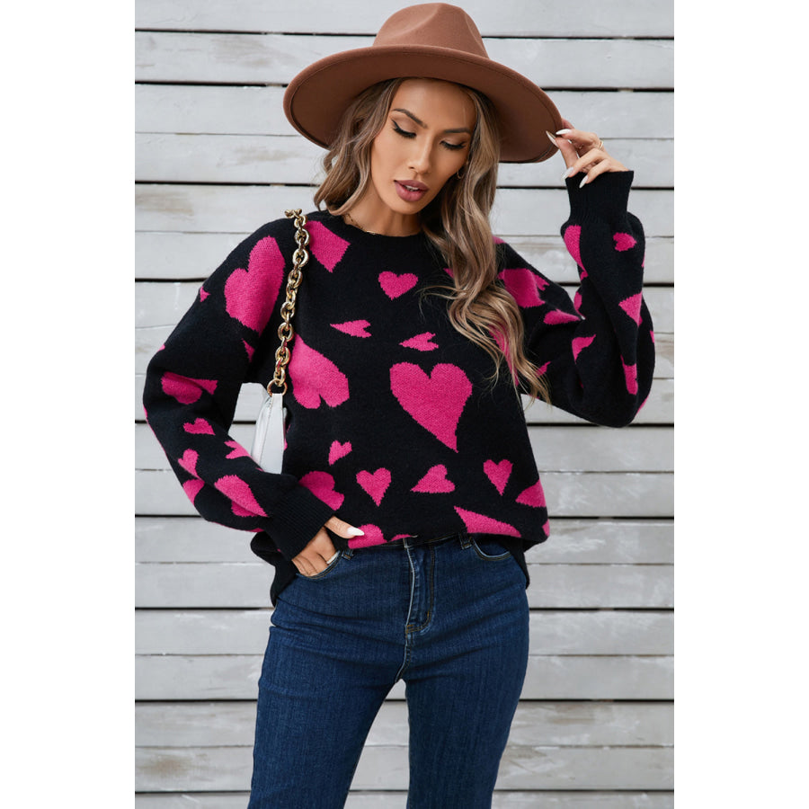 Angel Wings Heart Contrast Round Neck Long Sleeve Sweater Apparel and Accessories