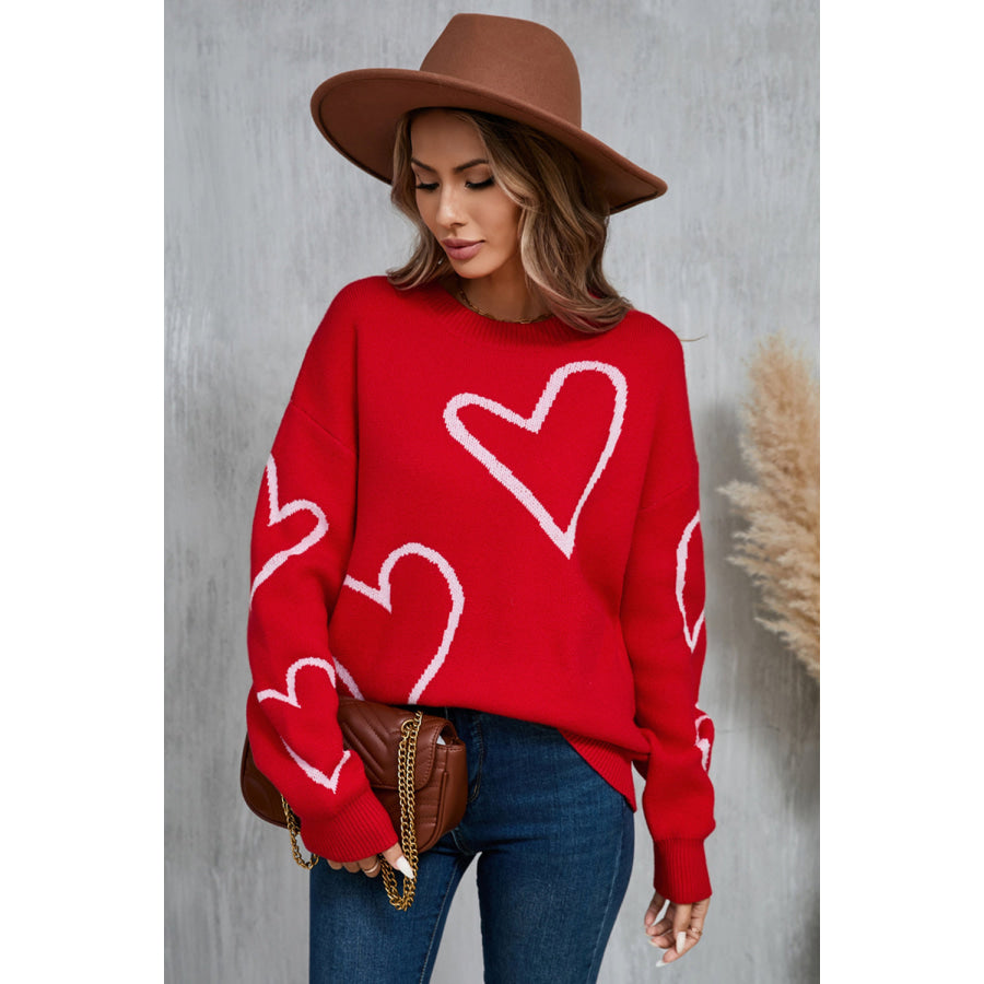 Angel Wings Heart Dropped Shoulder Long Sleeve Sweater Apparel and Accessories