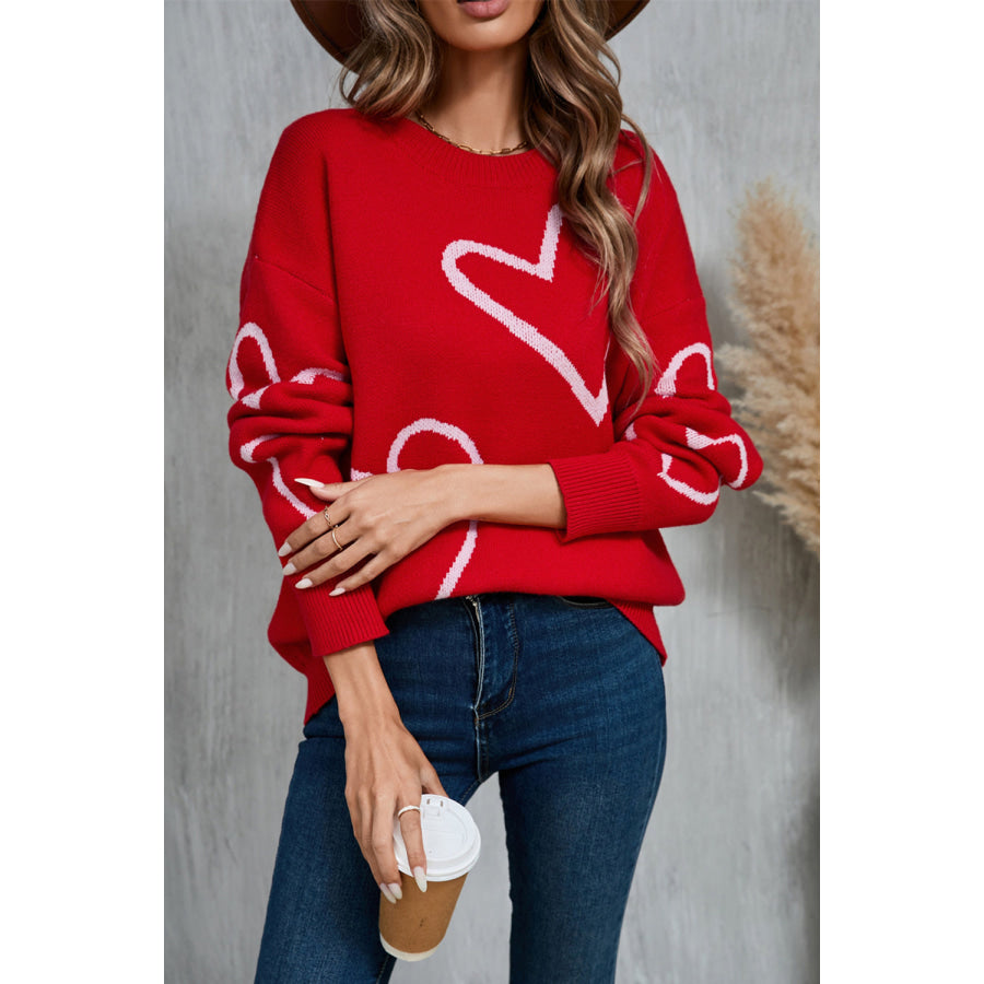 Angel Wings Heart Dropped Shoulder Long Sleeve Sweater Apparel and Accessories