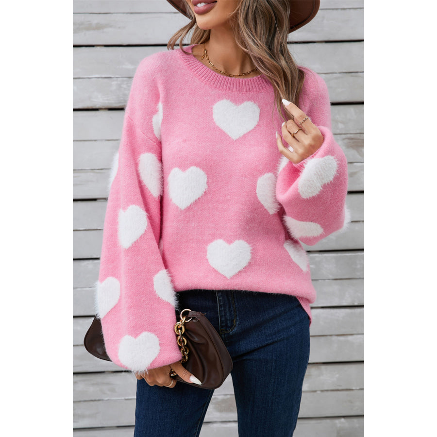 Angel Wings Heart Dropped Shoulder Long Sleeve Sweater Pink / S Apparel and Accessories