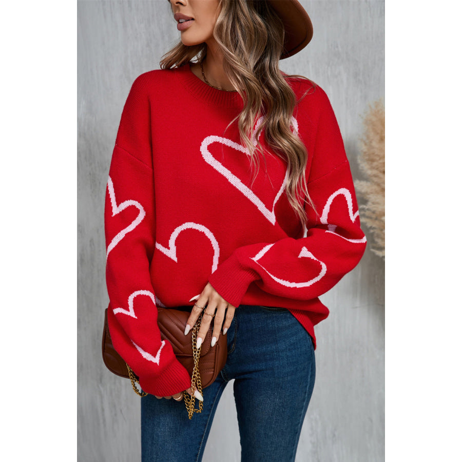 Angel Wings Heart Dropped Shoulder Long Sleeve Sweater Red / S Apparel and Accessories