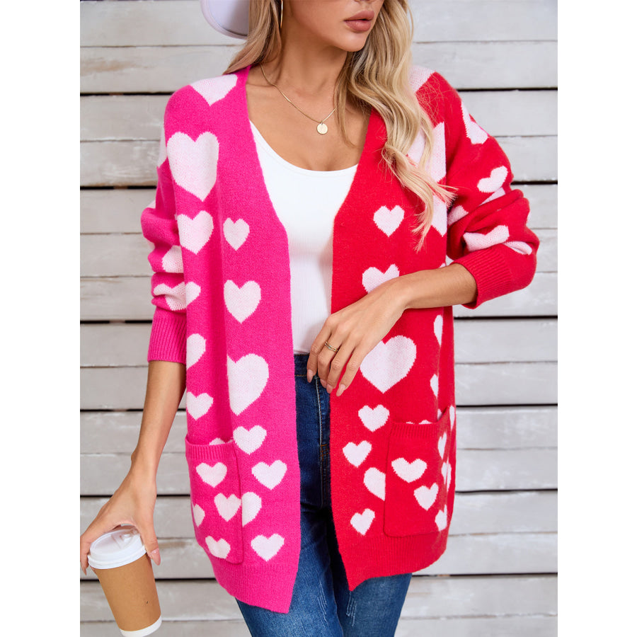 Angel Wings Heart Open Front Long Sleeve Cardigan Hot Pink / S Apparel and Accessories