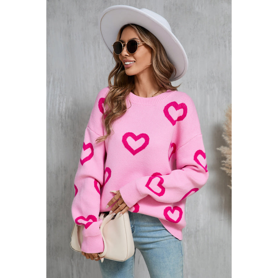 Angel Wings Heart Round Neck Dropped Shoulder Long Sleeve Sweater Apparel and Accessories