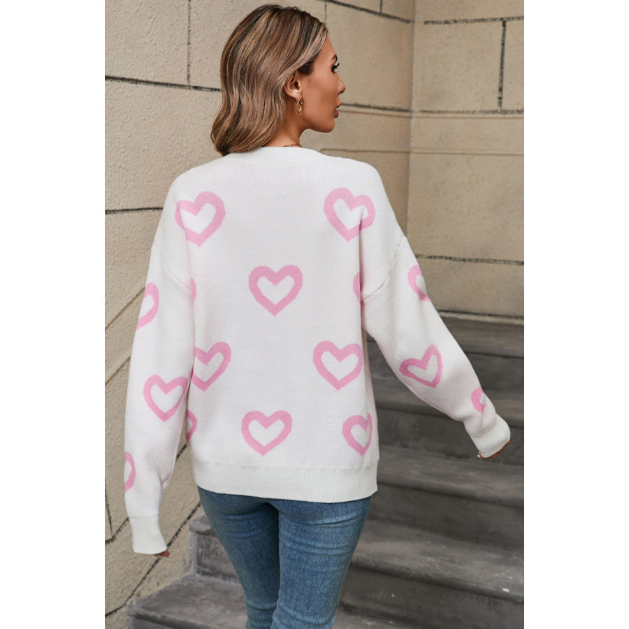 Angel Wings Heart Round Neck Dropped Shoulder Long Sleeve Sweater Apparel and Accessories