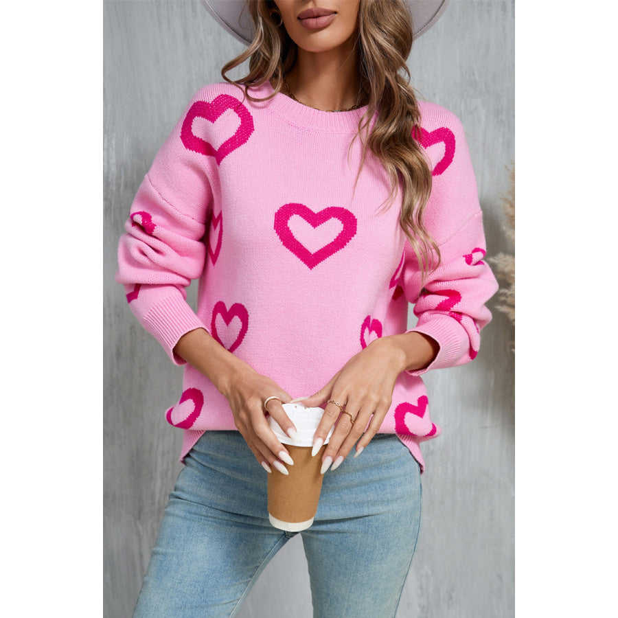 Angel Wings Heart Round Neck Dropped Shoulder Long Sleeve Sweater Apparel and Accessories